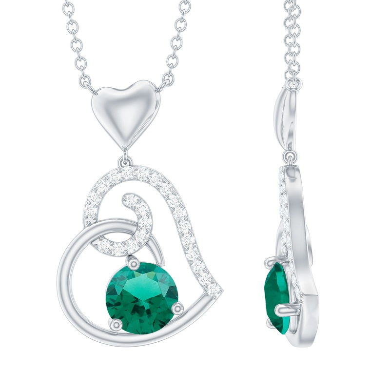 1 CT Created Emerald and Diamond Heart Drop Pendant