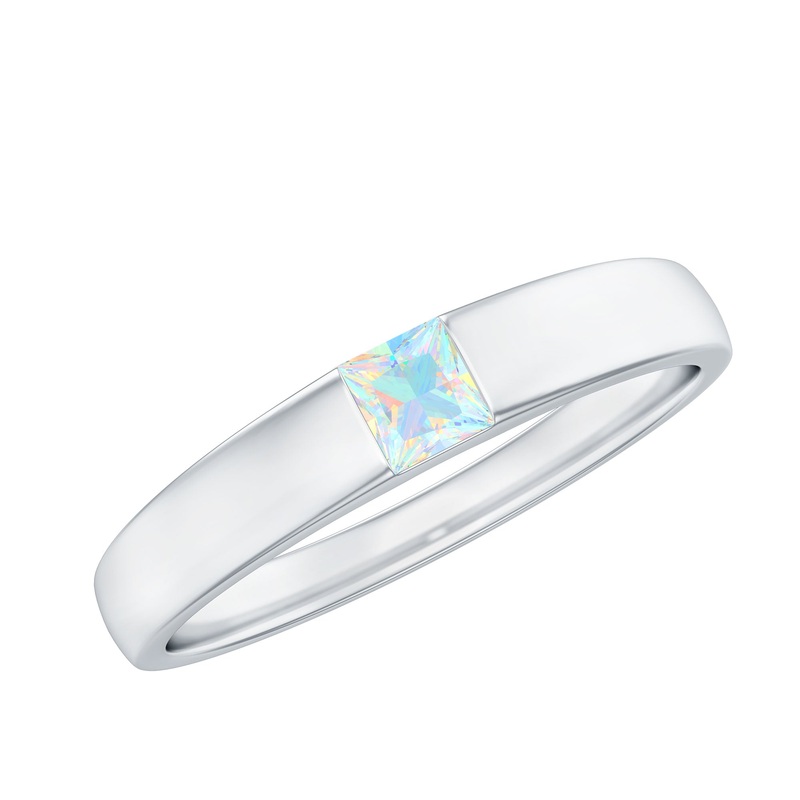 Princess Cut Ethiopian Opal Solitaire Band Ring