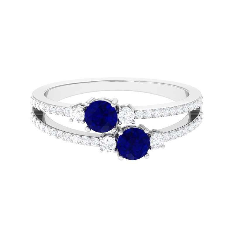 Real Blue Sapphire Two Stone Anniversary Ring with Diamond