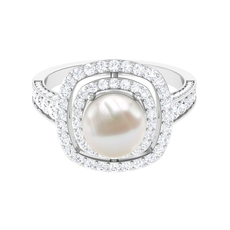 Round Freshwater Pearl and Moissanite Double Halo Engagement Ring