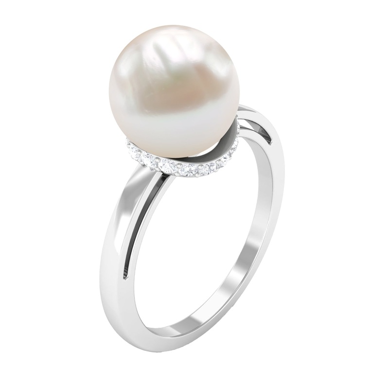 Round Freshwater Pearl Solitaire Ring with Diamond Hidden Halo