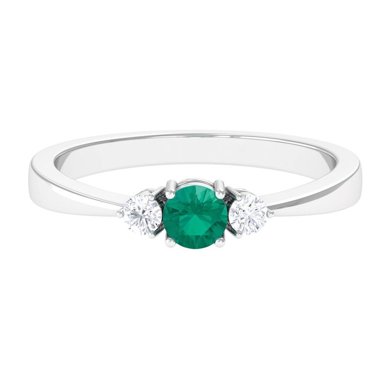 Round Shape Real Emerald and Diamond Three Stone Promise Ring