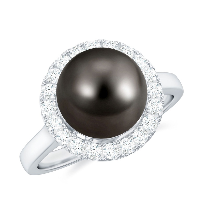 Round Tahitian Pearl and Diamond Halo Engagement Ring
