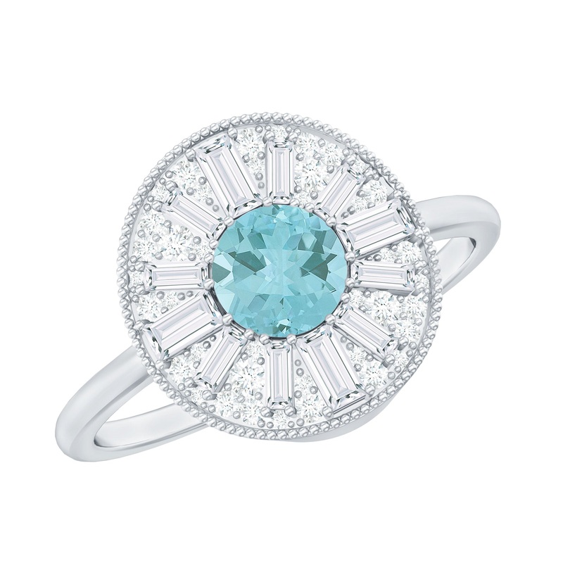 Sky Blue Topaz and Diamond Statement Engagement Ring with Beaded Detailing