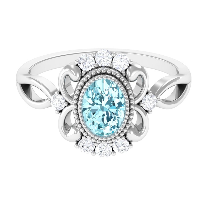 Vintage Inspired Aquamarine Solitaire Engagement Ring with Diamond