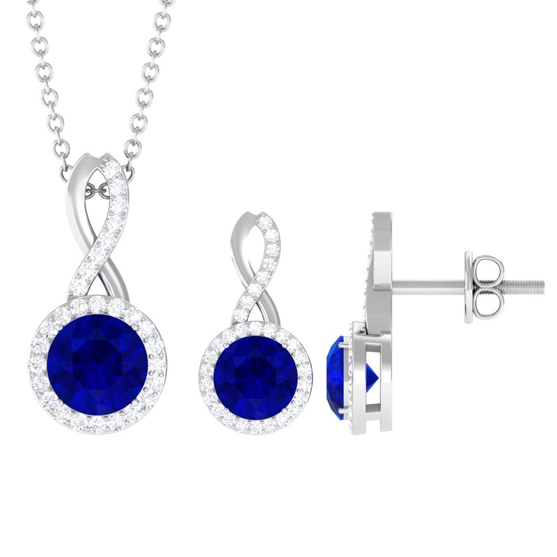 Certified Lab Grown Blue Sapphire Bridal Jewelry Set with Moissanite