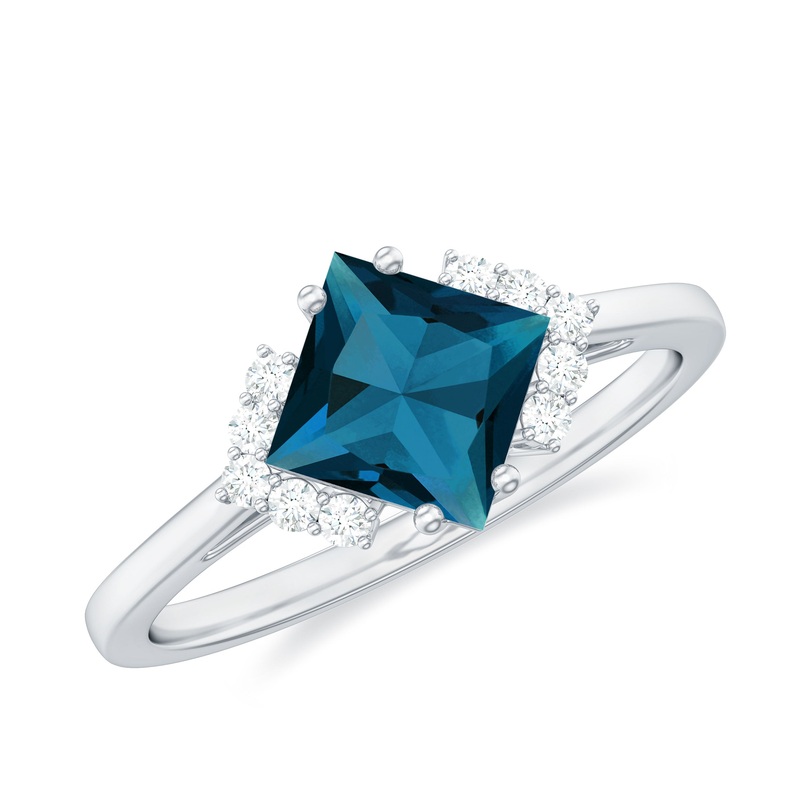 Princess Cut London Blue Topaz Solitaire Engagement Ring with Diamond