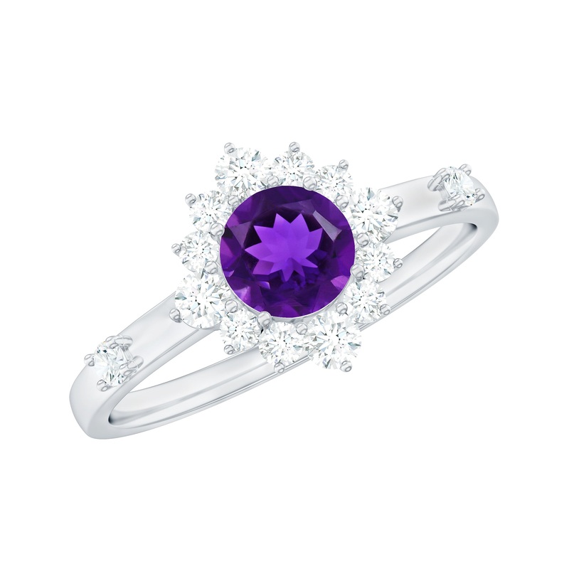 Round Amethyst and Diamond Classic Halo Ring