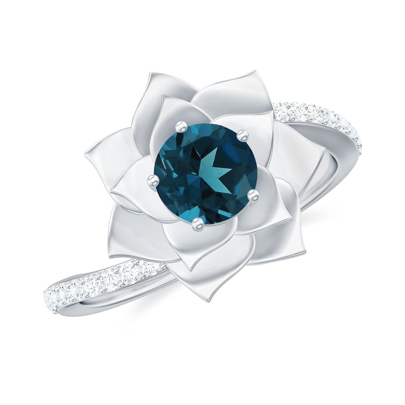 Round London Blue Topaz Bypass Flower Ring with Diamond