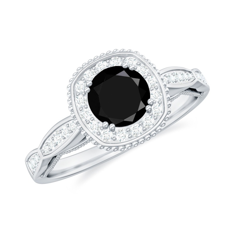 Vintage Inspired Black Onyx Engagement Ring with Diamond Halo