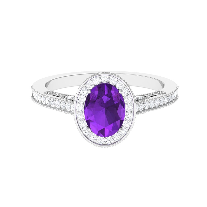 Vintage Inspired Oval Amethyst Engagement Ring with Diamond