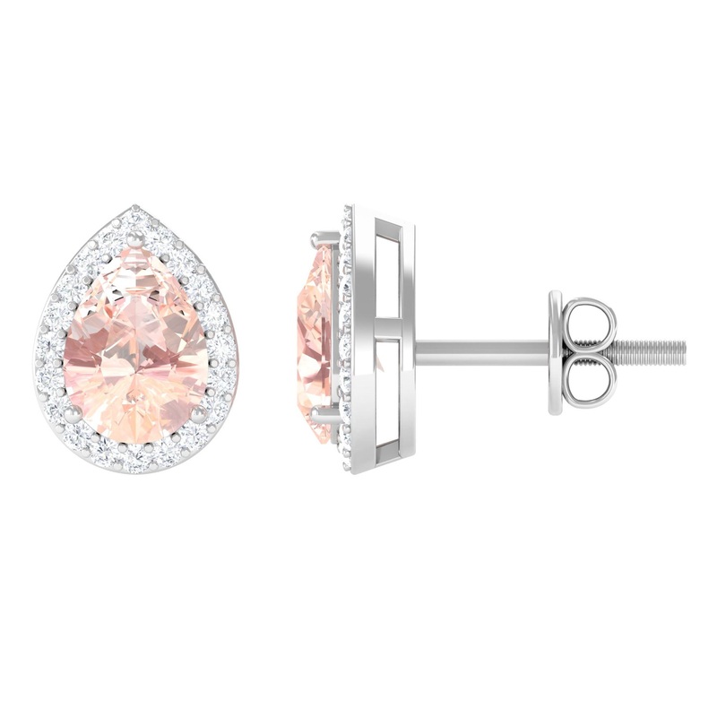 1.50 CT Morganite Teardrop Stud Earrings with Diamond Halo