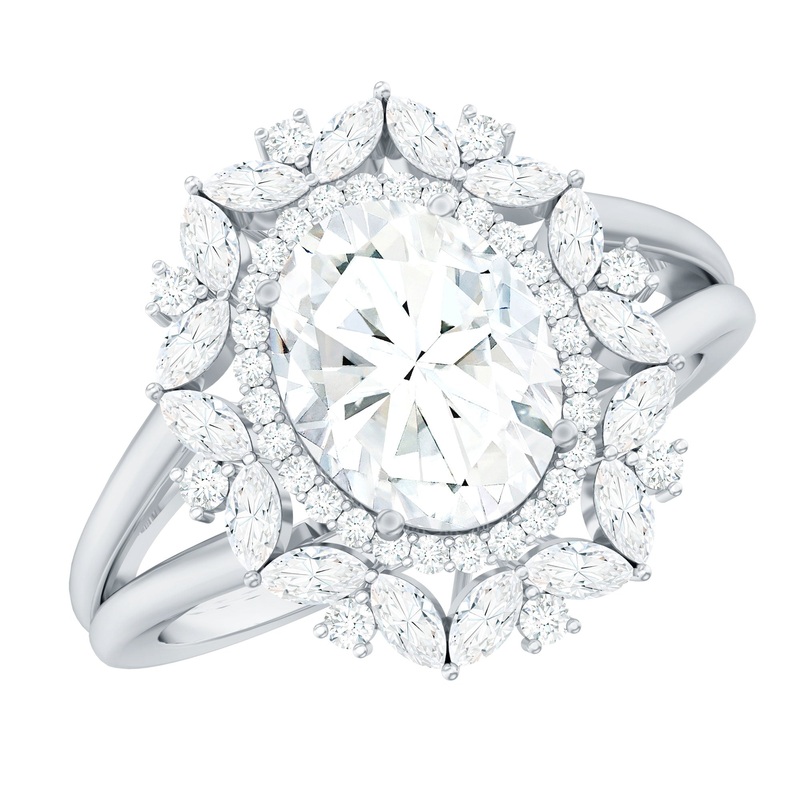 Certified 7X9 MM Oval Moissanite Double Halo Engagement Ring